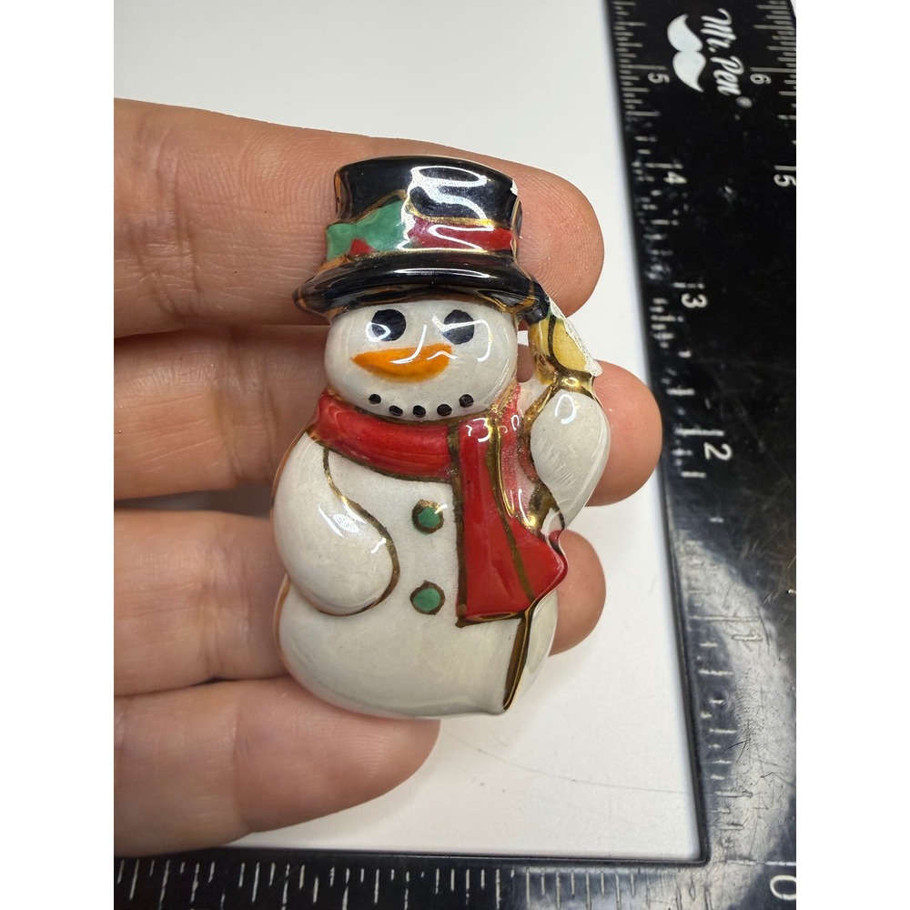 Vintage Ceramic Snowman Brooch Christmas Holiday Pin Gold Trim Enamel Look 2"